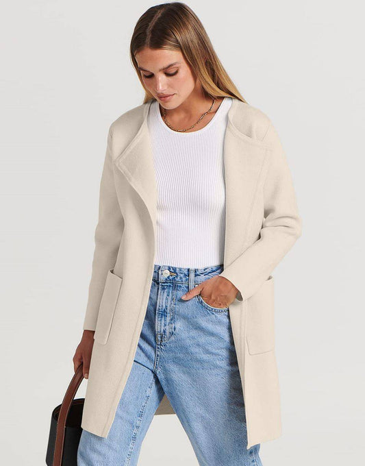 ANRABESS Women's Open Front Knit Cardigan Long Sleeve Lapel Casual Solid Classy Sweater Jacket